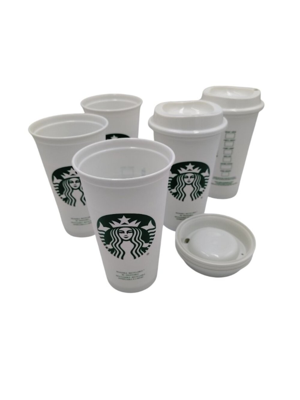 Starbucks Grande Cups Reusable Coffee 16 Oz. Match Lids Set of 5 White Plastic - Picture 7 of 9